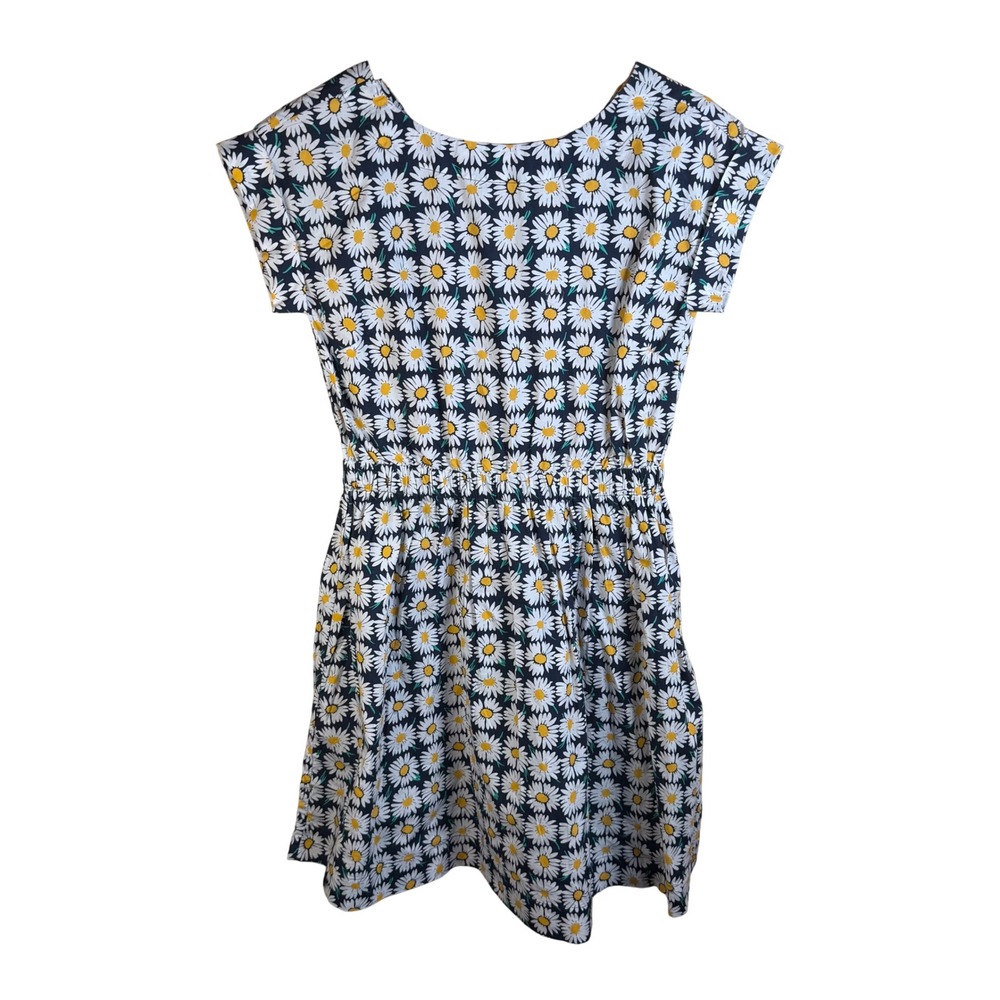Crewcuts‎ Daisy Floral Dress Kids 14 Navy Blue Bow Neck Fit Flare Cotton Summer